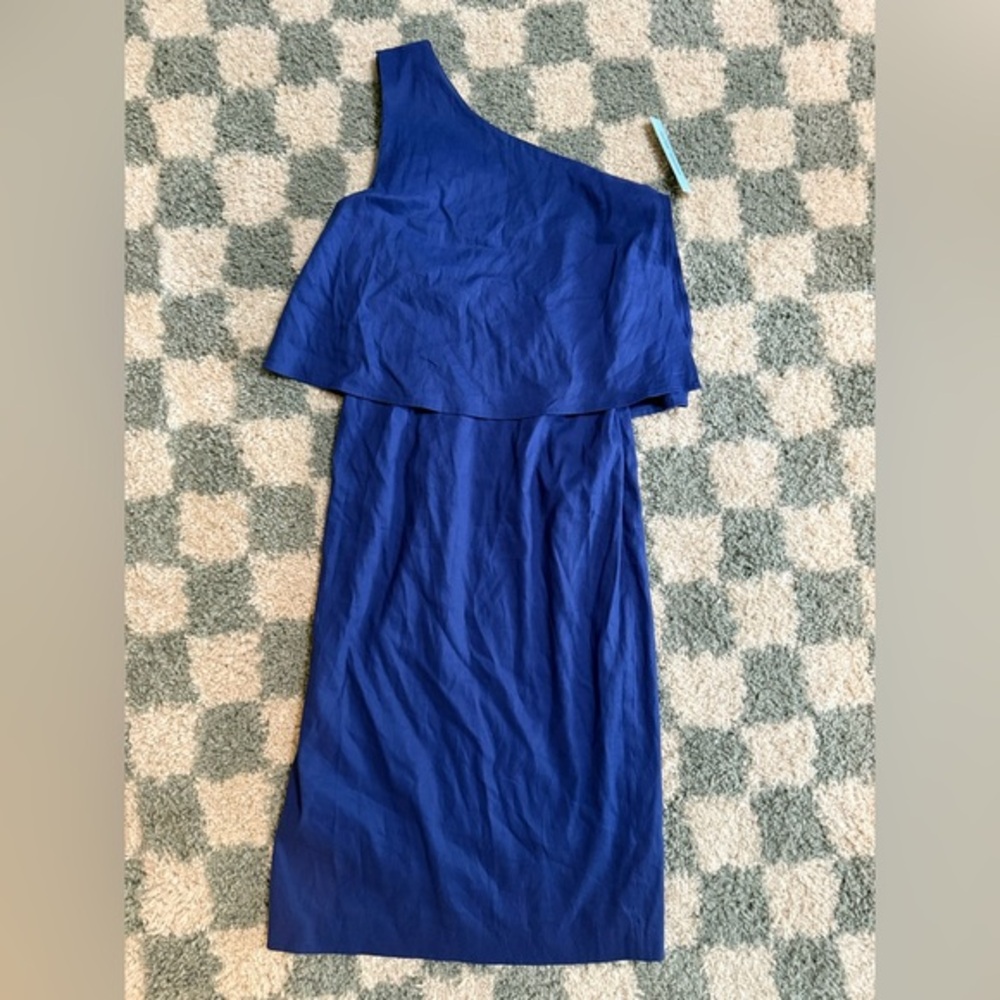 ANTONIO MELANI NWT Womens One Shoulder JJ Ocean Blue Linen Overlay Dress Size 0